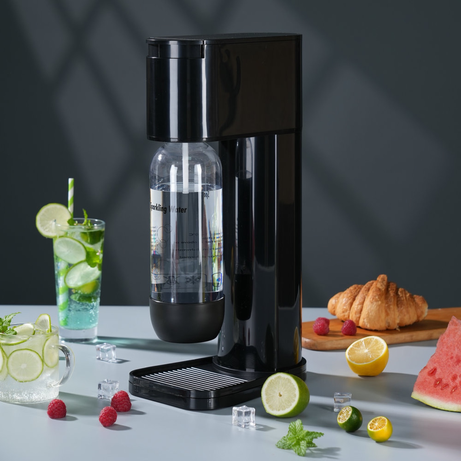Rear three-quarter view of black NS-SM01 Compact Soda Maker